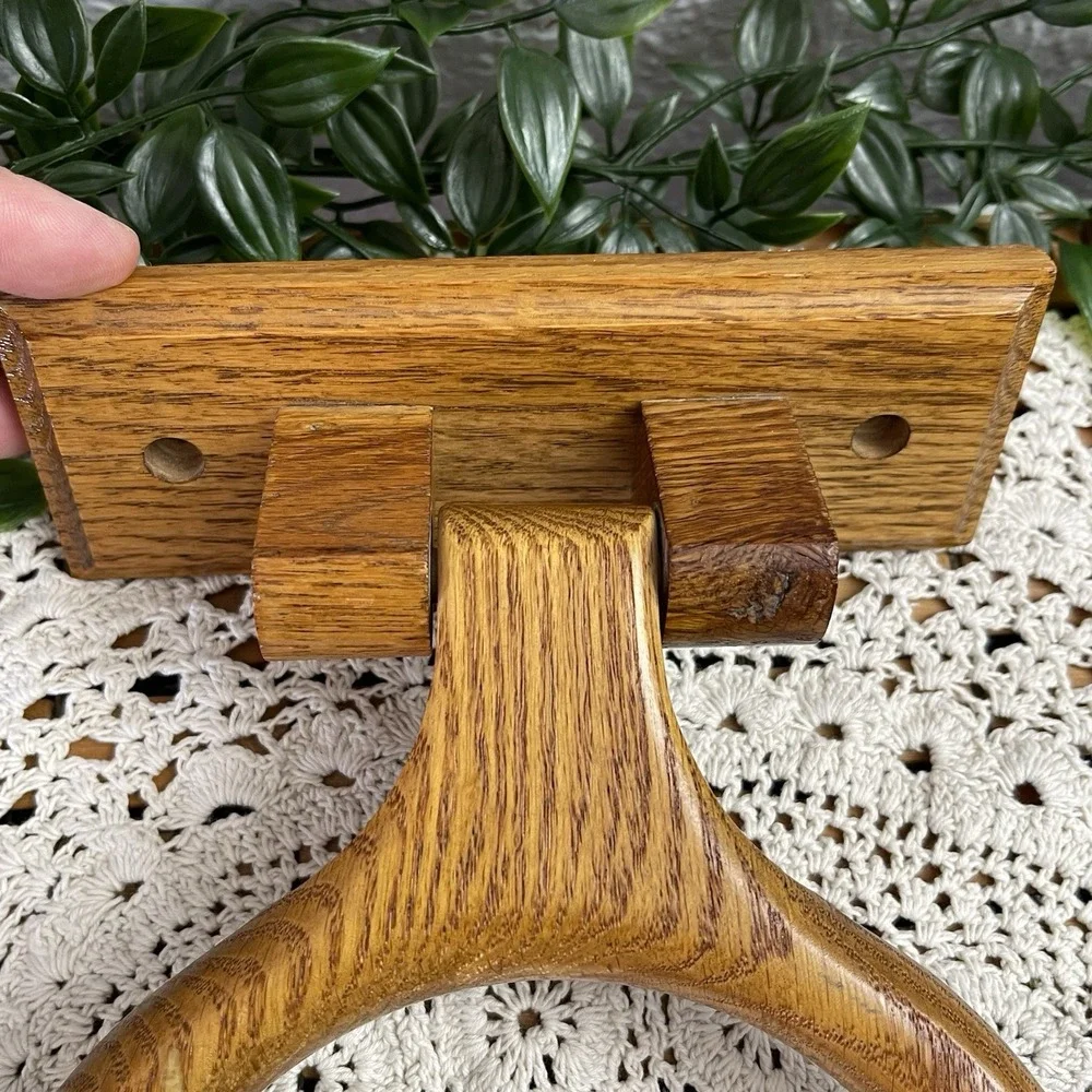 Vintage Honey Oak Wood Towel  Ring Holder Wall Mount Bathroom Hardware 1980s